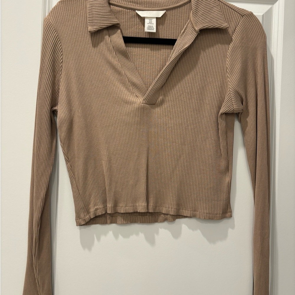 H&M Ribbed Beige Long Sleeve Crop Top